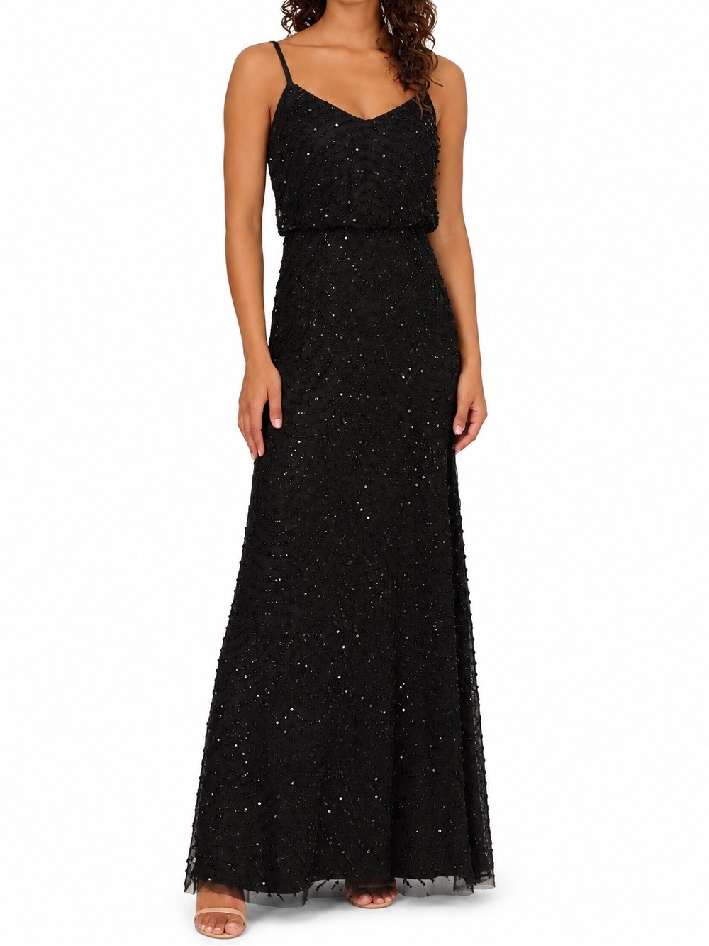 Adrianna Papell Black Beaded Maxi Dress Art Deco Formal Evening Dress Gown 6